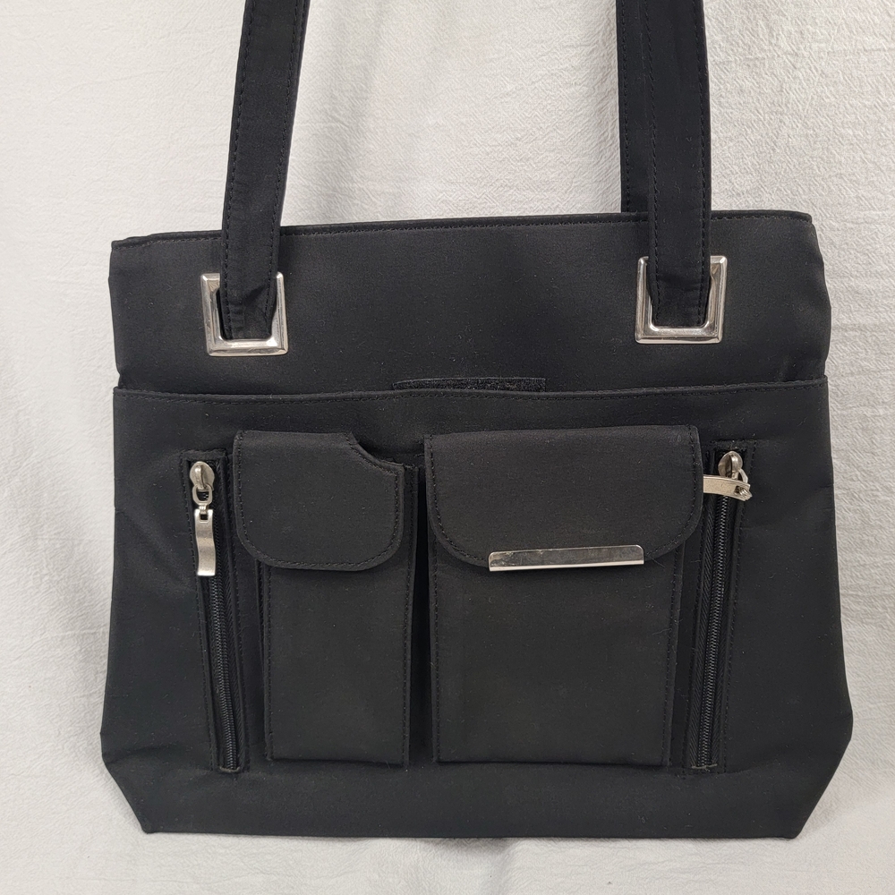 Black Nylon Multi-Pocket Organizer Tote Shoulder Bag Travel Work Silver Hardware